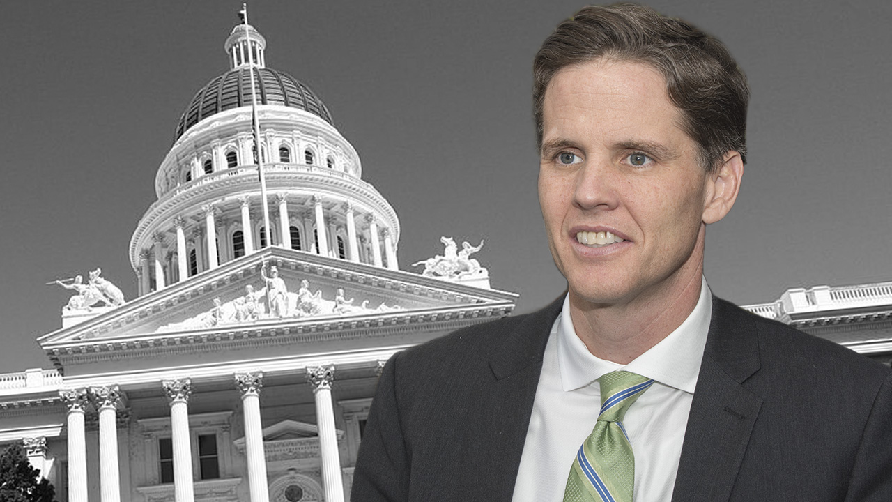 Photo illustration of Marshall Tuck in front of California state Capitol