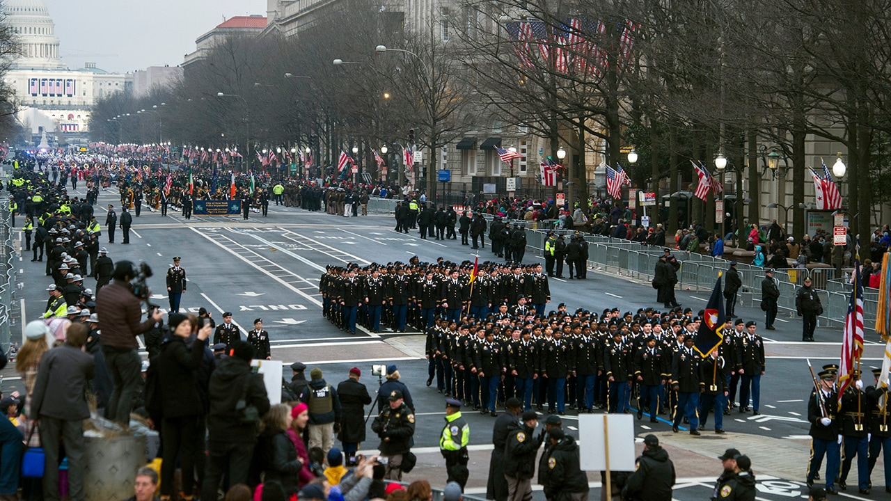 Photo of military units participating in the inaugural parade from the Capitol to the White House in 2017