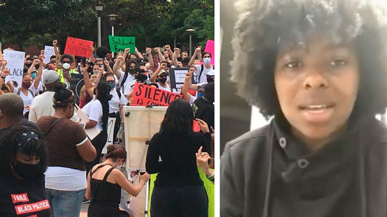 Side by side images of Fresno protests and one of the organizers, D'Aungillique Jackson