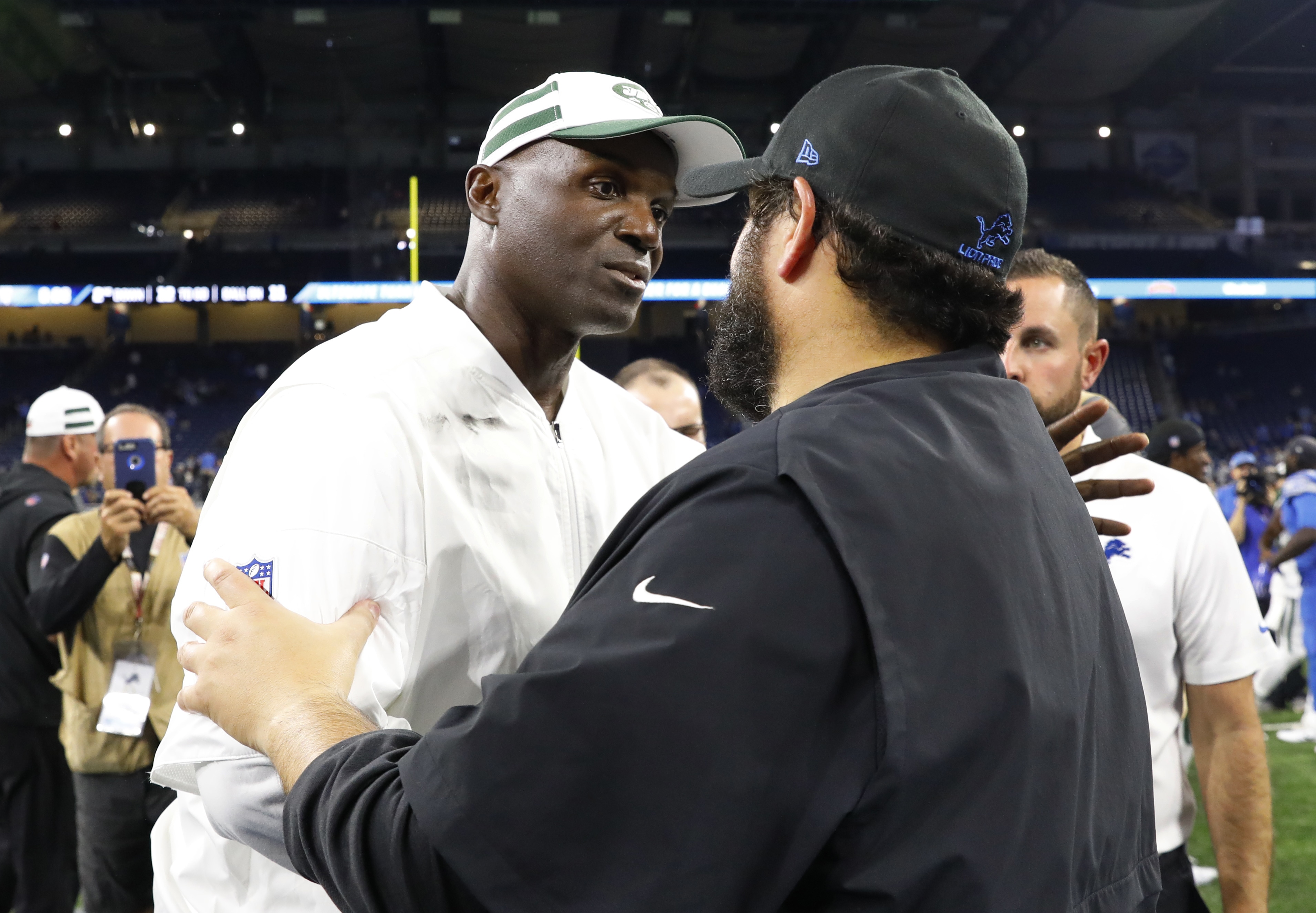 Photo of New York Jets head coach Todd Bowles, left, and Detroit Lions head coach Matt Patricia