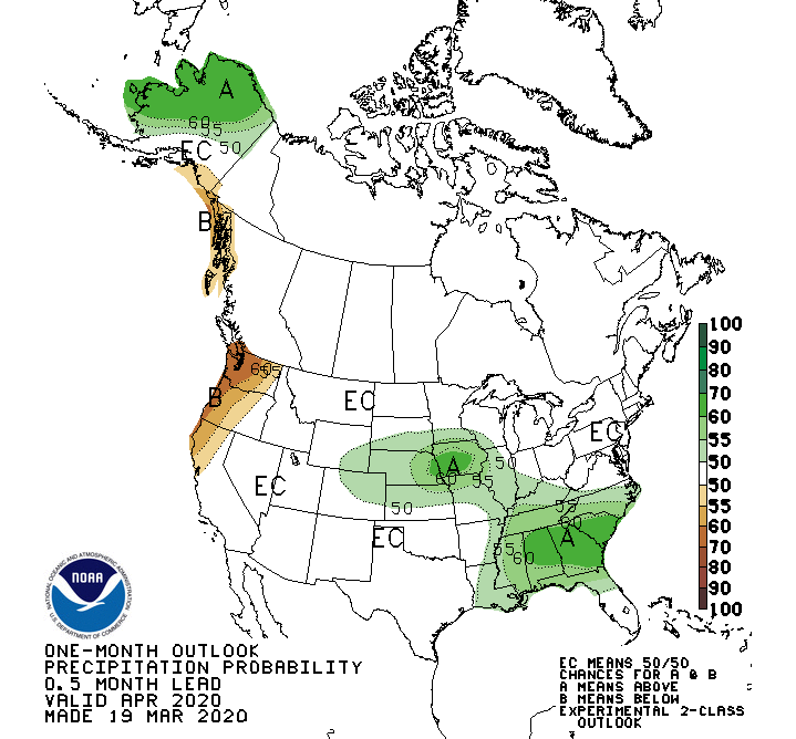 Chart of April 2020 precipitation forecast from NOAA