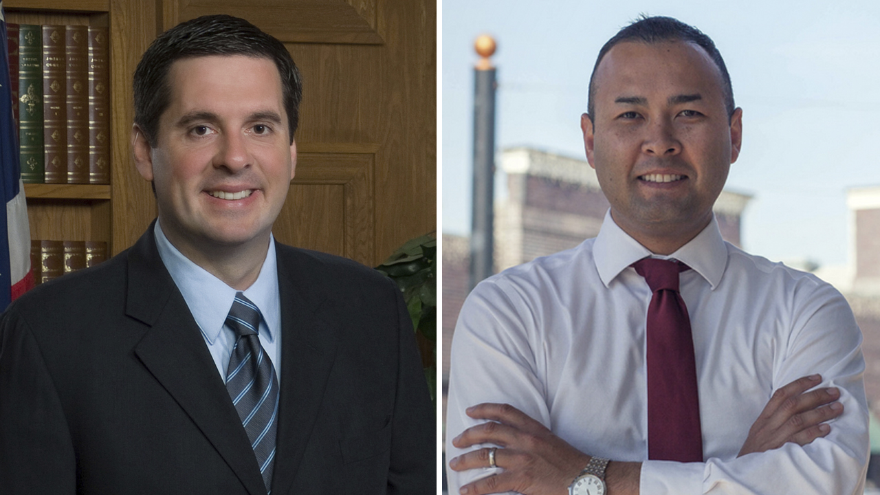 Combined photo board of Rep. Devin Nunes, left, and challenger Andrew Janz