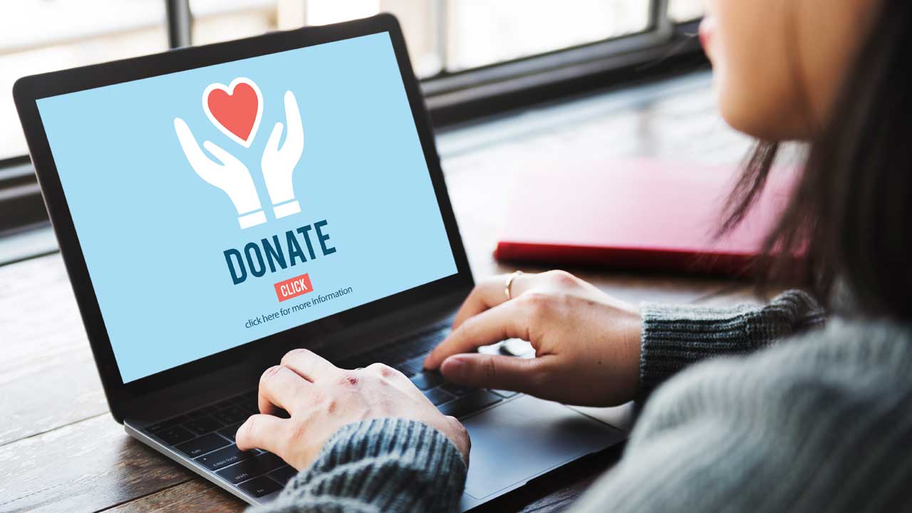Photo of a woman at a laptop donating online