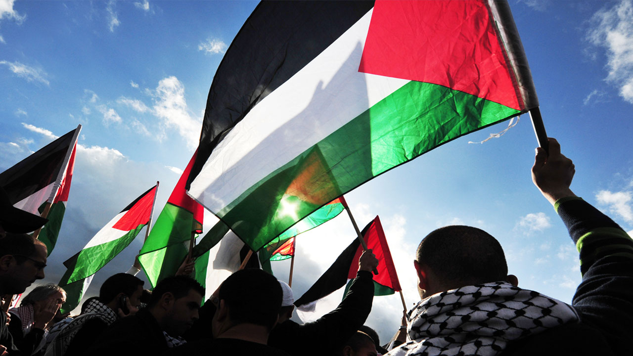 Palestinians march with flags