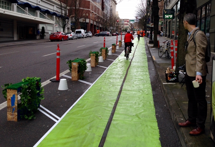 Image of a protected bike lane demonstration in Portland, Oregono
