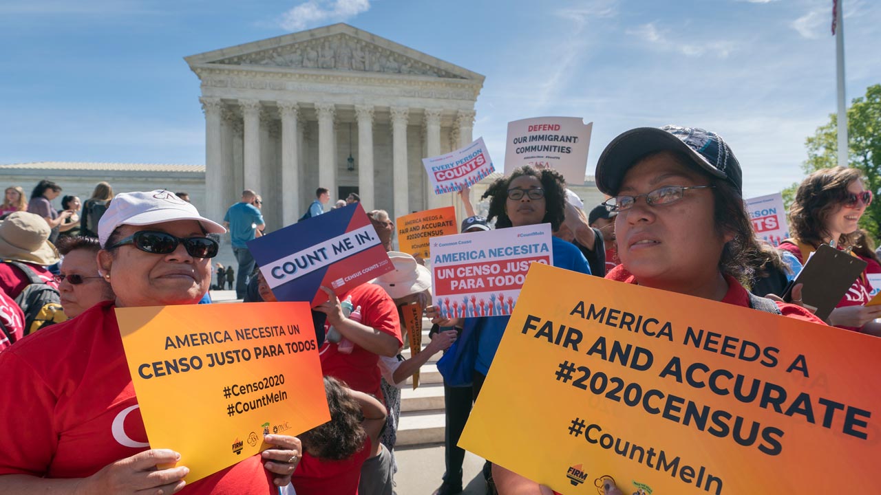 Protesters rally outside of U.S. Supreme Court as justices hear arguments on including a citizenship question in the 2020 census.