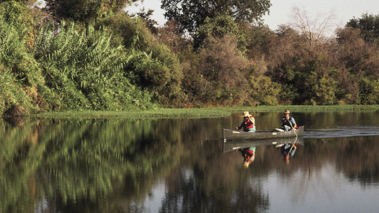 Photo of two canoes on the San Joaquin River near Fresno