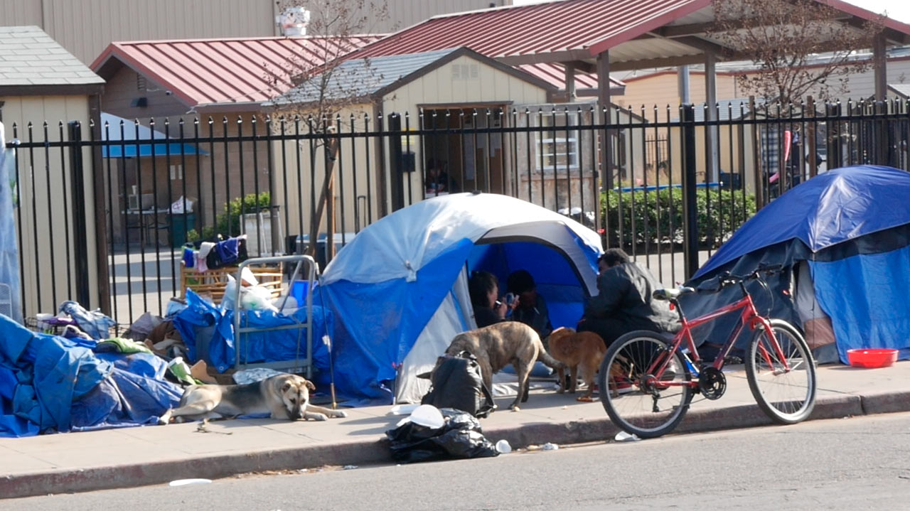 Photo of a homeless camp in downtown Fresno