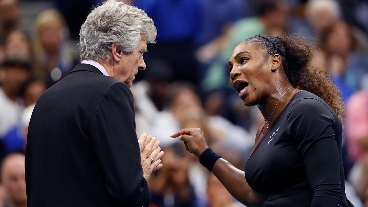 Photo of Serena Williams talking to referee Brian Earley during the women's final of the U.S. Open