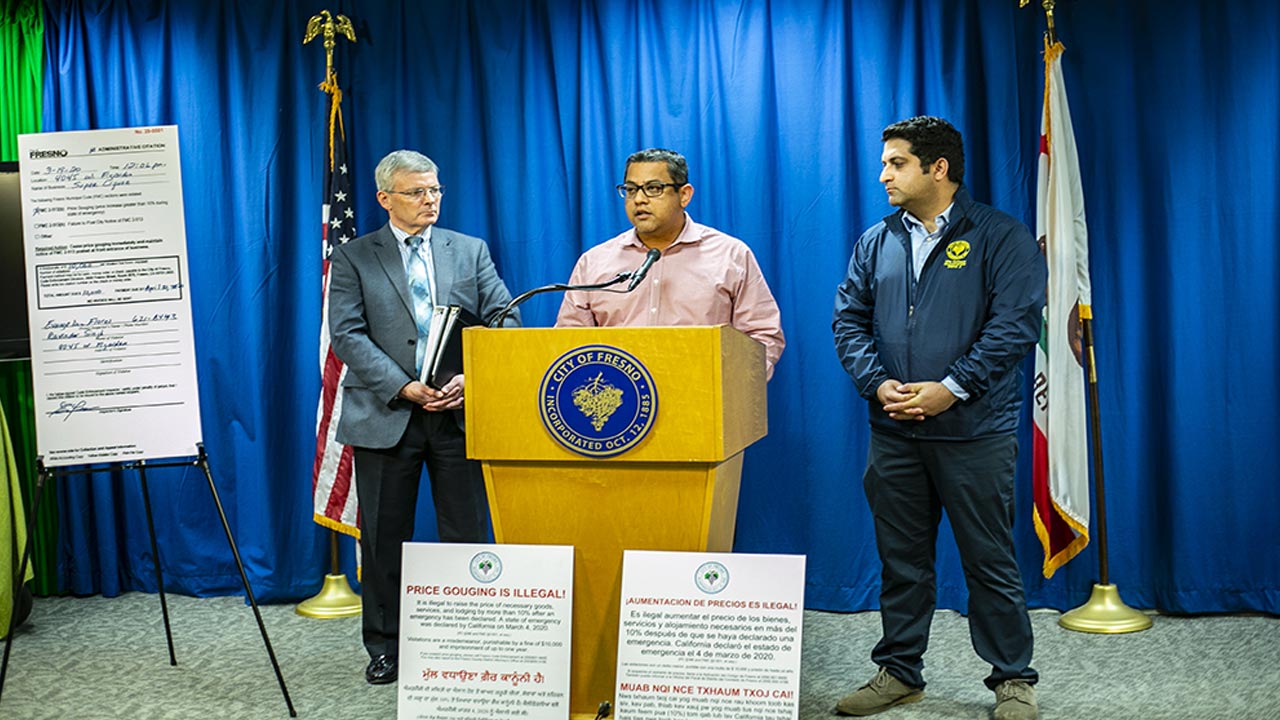 Fresno city attorney Doug Sloan, council president Miguel Arias and councilmember Mike Karbassi