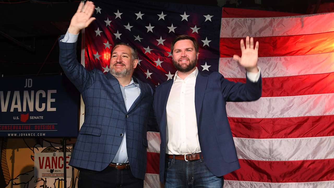 Sen. Ted Cruz, R-Texas, left, greets JD Vance, Republican candidate for U.S. Senator for Ohio, at a campaign rally in Medina, Ohio, Friday, Oct. 21, 2022.