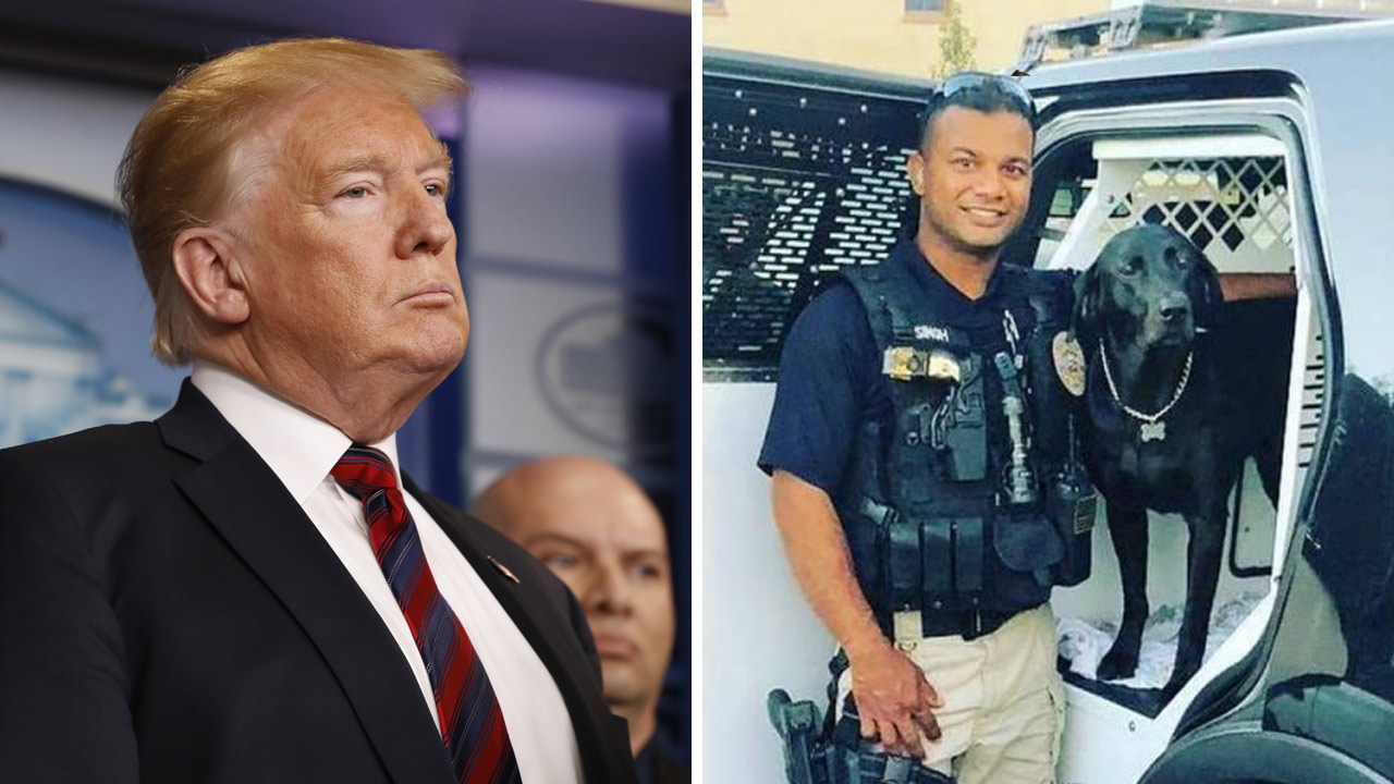 President Trump, left, talked to the wife of slain police officer Rongil Singh