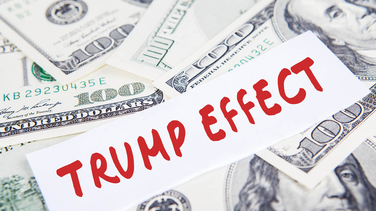 100 dollar bills labelled Trump Effect