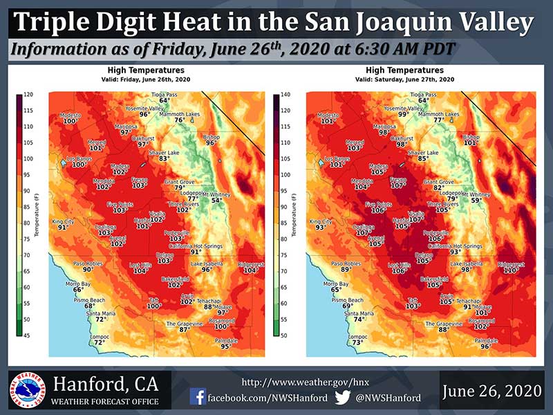 Image of San Joaquin Valley high temperatures for July 26-27, 2020n