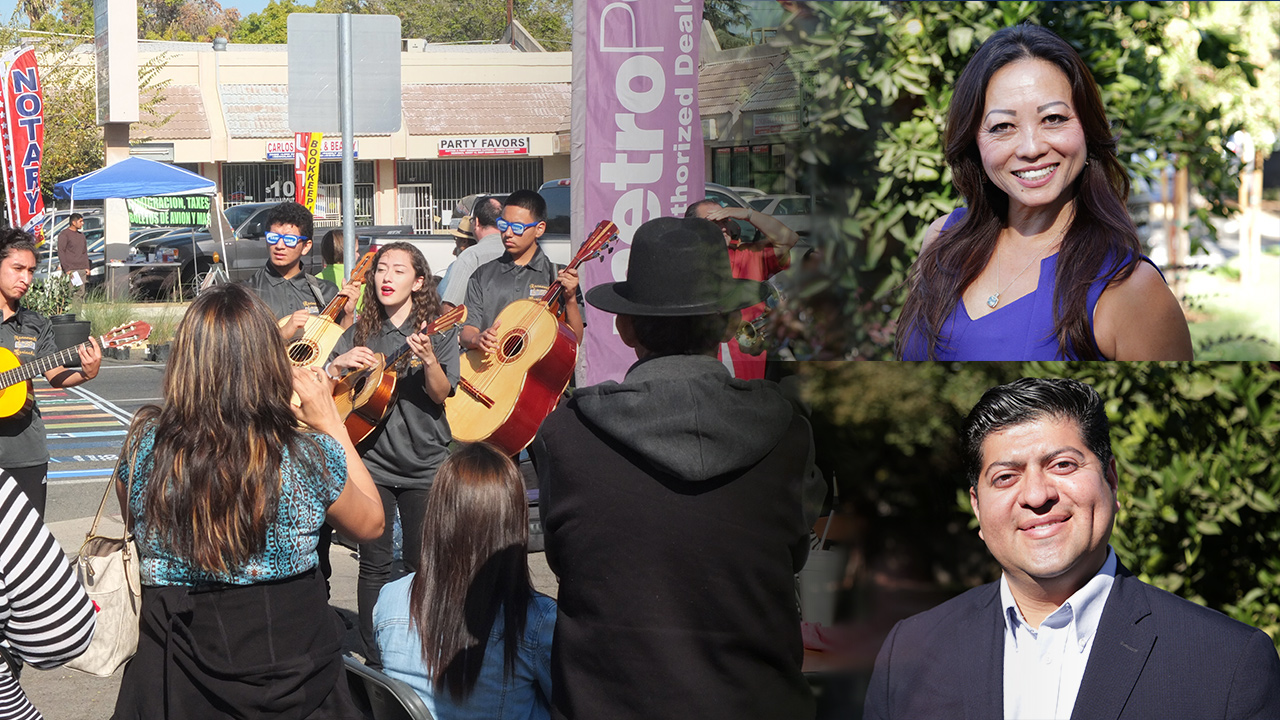 Photo illustration of District 5 candidates Paula Yang and Luis Chavez