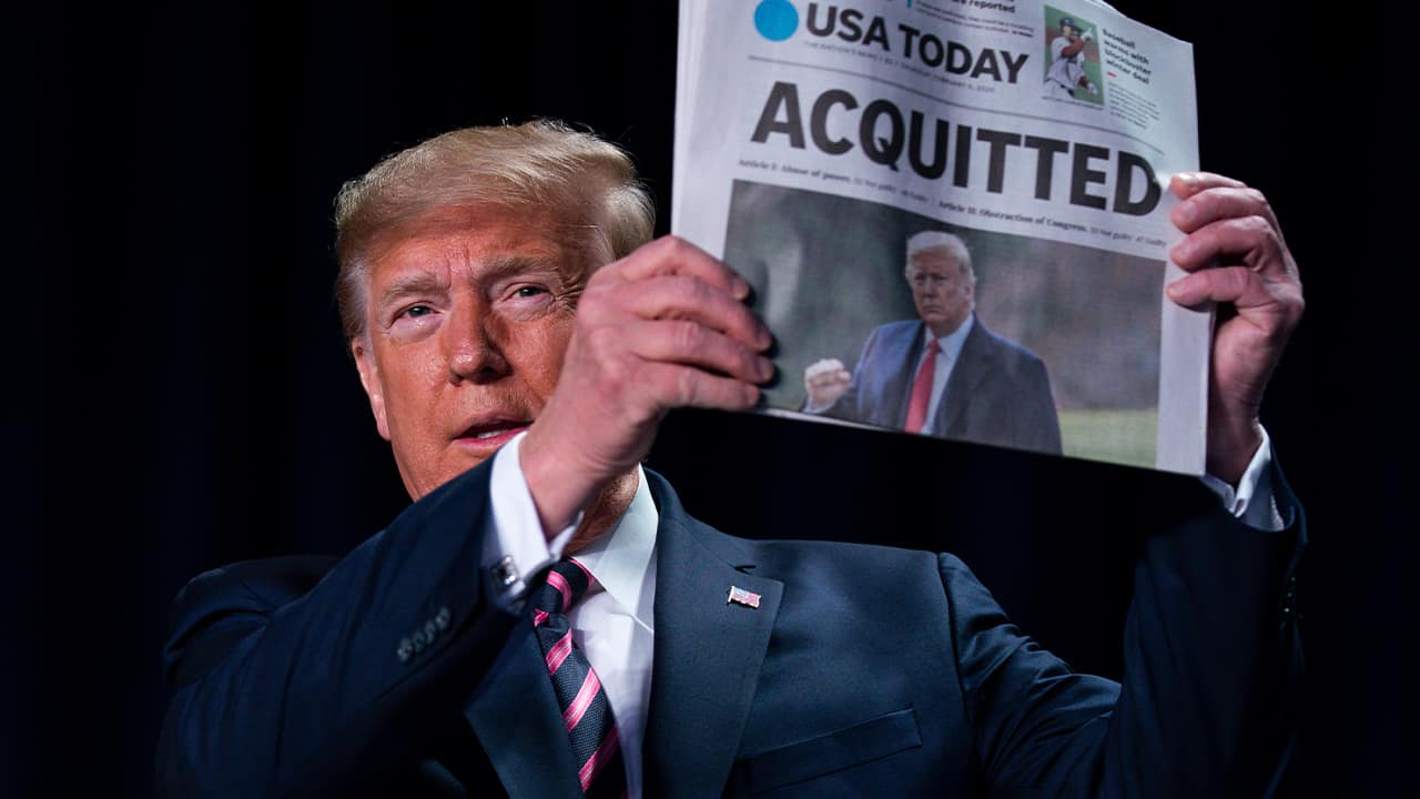 Photo of President Donald Trump holding up a newspaper that read "ACQUITTED"