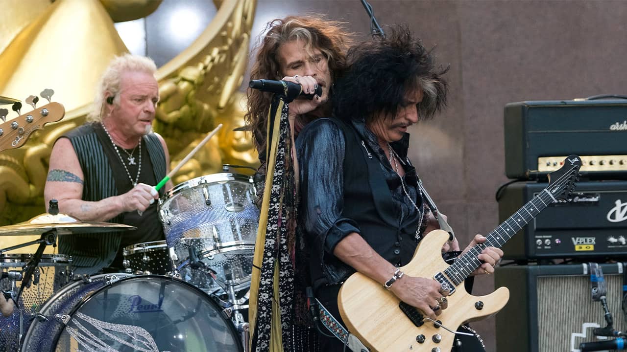 Photo of Aerosmith's Joey Kramer, Steven Tyler, and Joe Perry