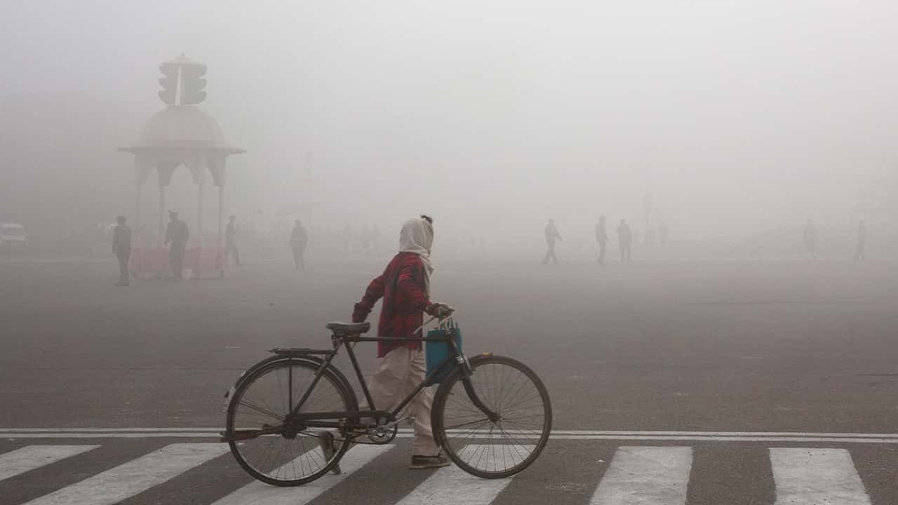 Photo of a cyclist in India amidst morning smog 