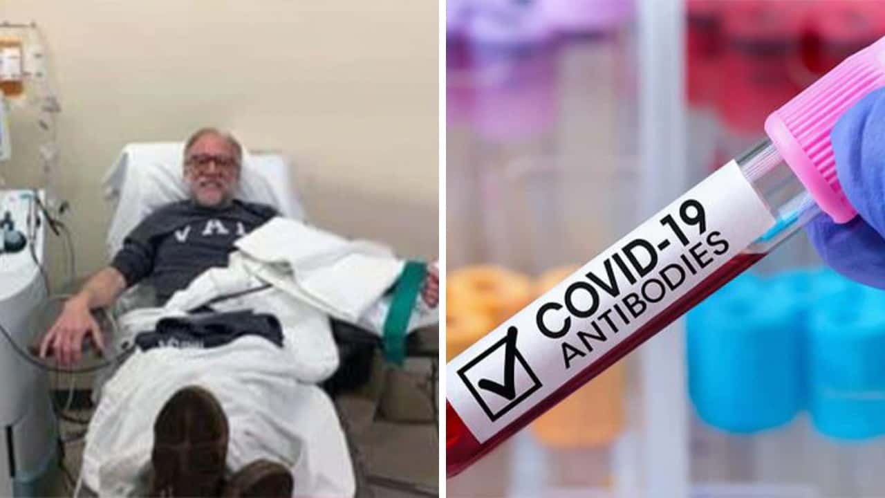 Twin images of COVID-19 plasma donor Walter Lamkin and a vial of blood with the words "COVID-19 antibodies"