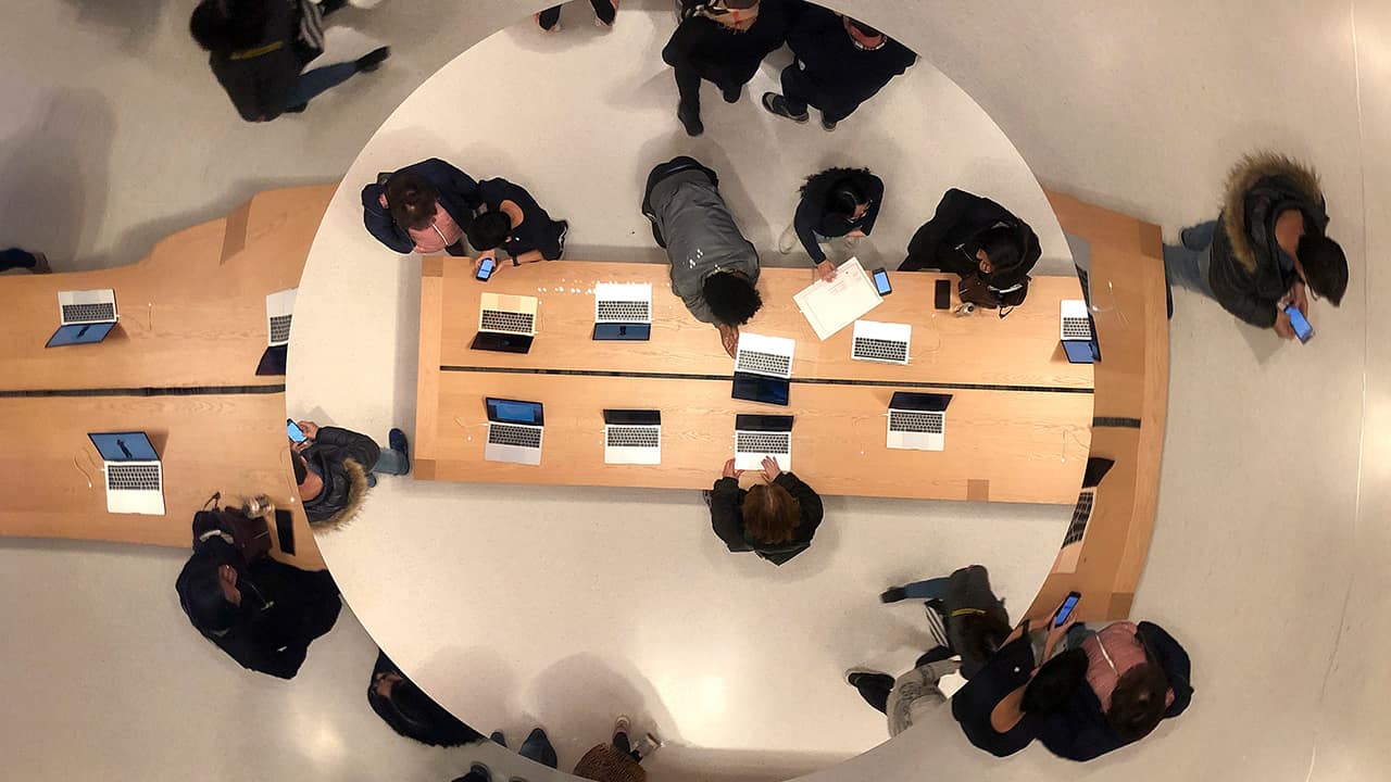 Photo of looking down through skylights above Apple's flagship store on Fifth Avenue
