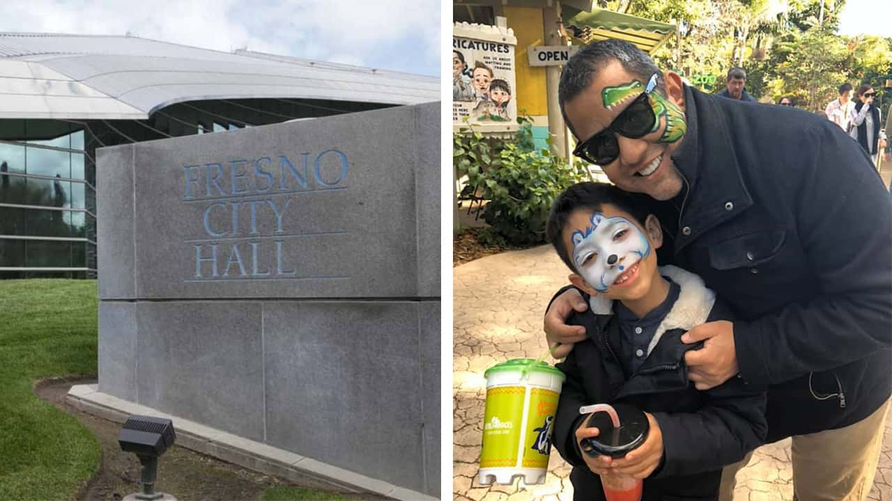 Side by side images of exterior of Fresno City Hall and councilman Miguel Arias and his son