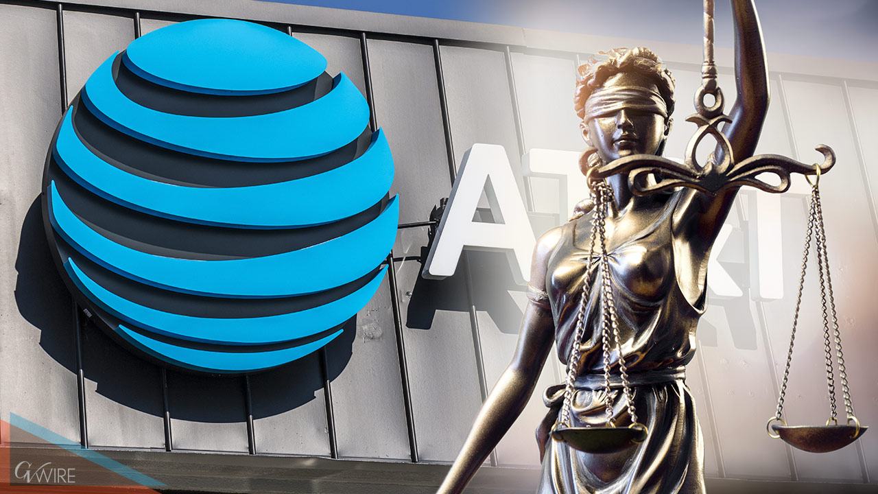 Composite image of AT&T logo and Lady Justice with her scales