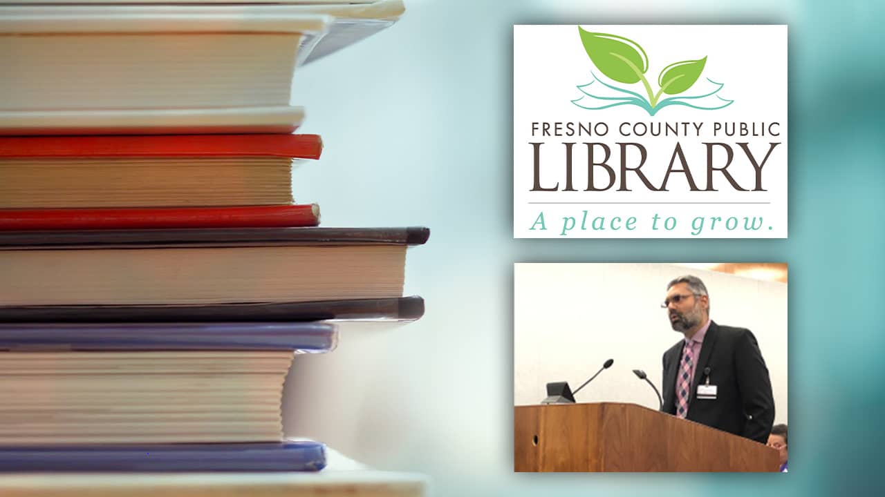 Composite of new Fresno County Librarian Raman Bath, books and the library logo