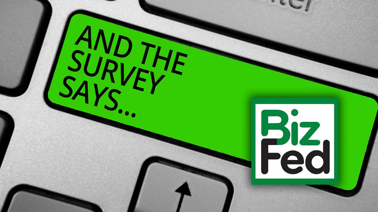 Composite illustration of the BizFed CV logo and the words "And the survey says"