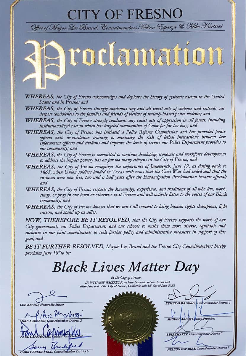 Image of the proclamation declaring Black Lives Matter Day in Fresno, CA, on June 18, 2020