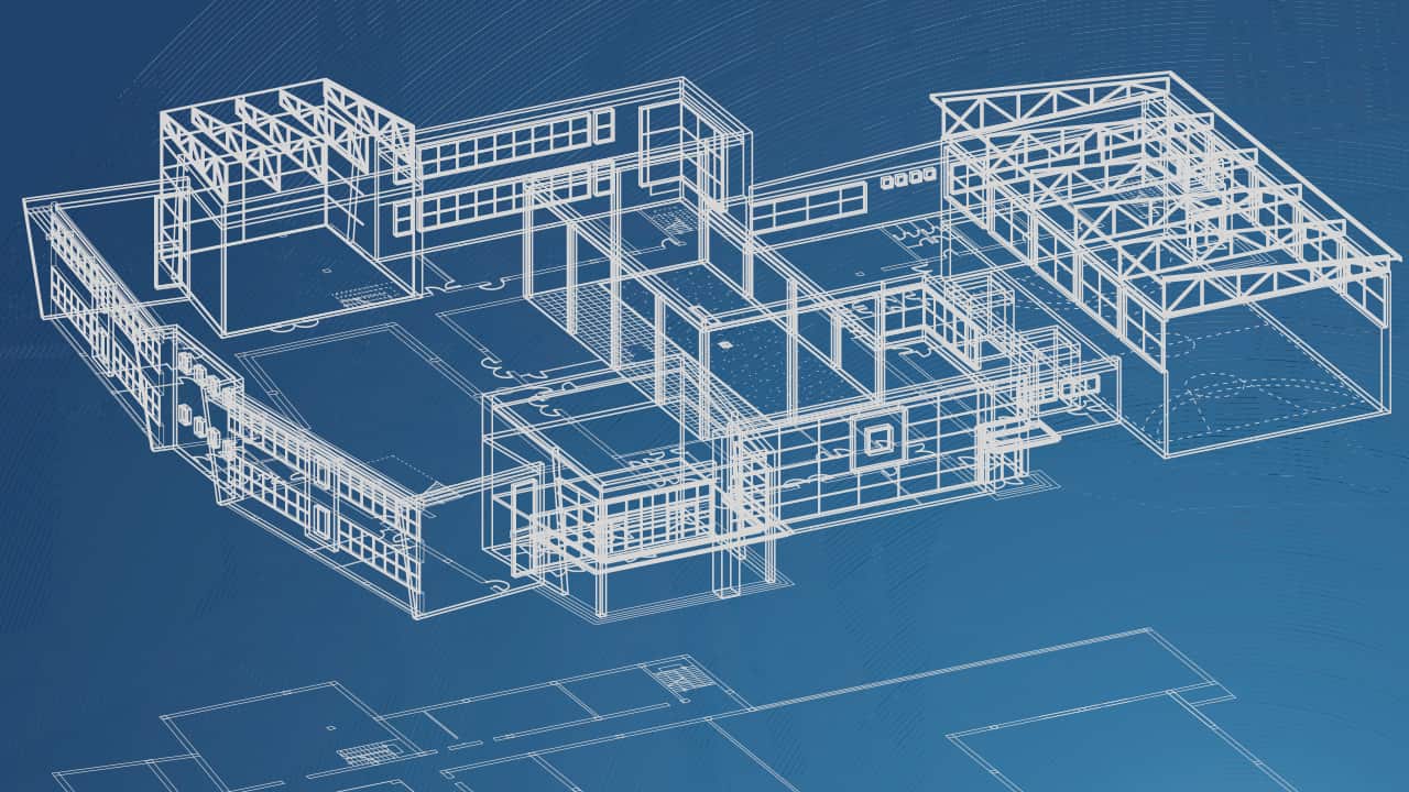 Image of blueprints for a school on a blue background