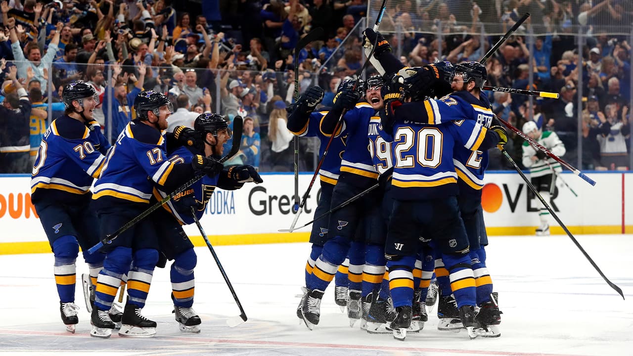 Photo of St. Louis Blues celebrating after defeating the Dallas Stars in double overtime in Game 7 of an NHL second-round hockey playoff series in St. Louis