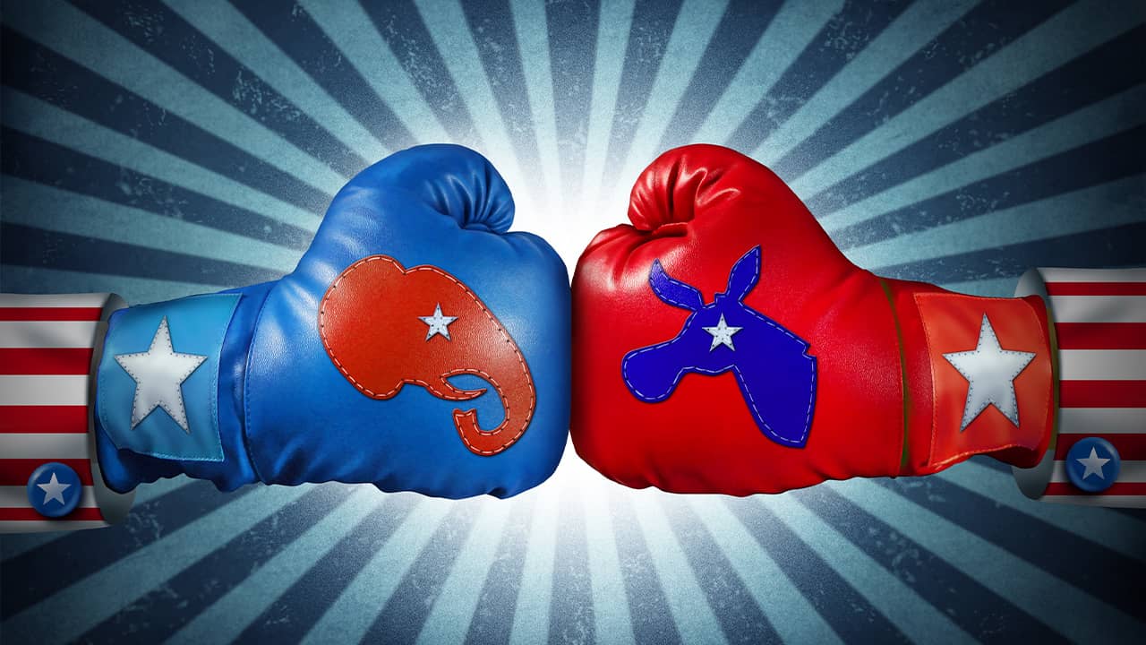 Illustration of gloves representing the Democratic and Republican partiesppo