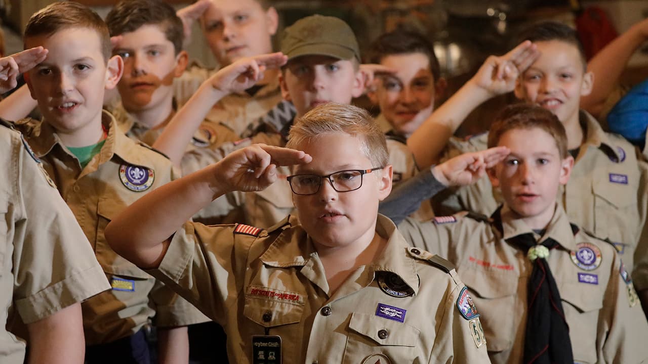 Photo of Boy Scouts troop saluting 