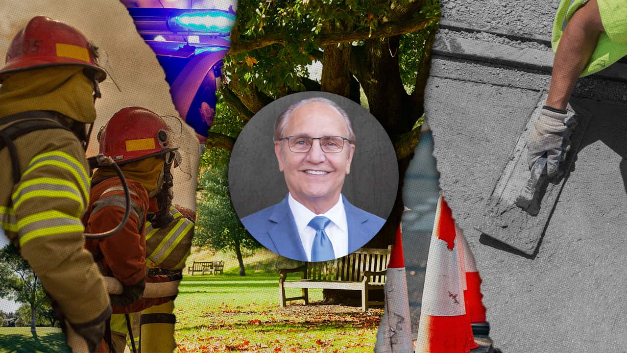 Composite image of a firefighter, a park, Mayor Lee Brand, and a sidewalk repair symbolic of the goals for a new Fresno sales tax