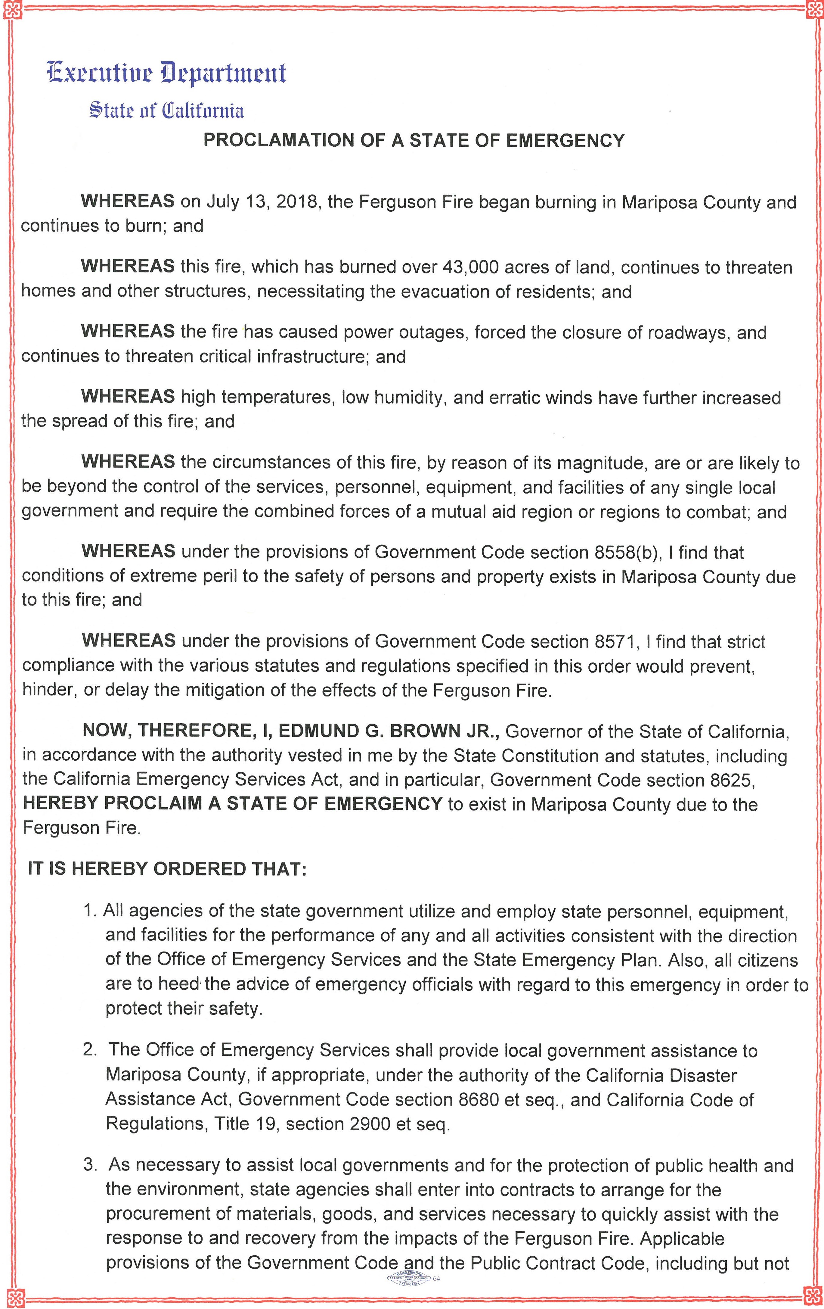 Mariposa County emergency declaration