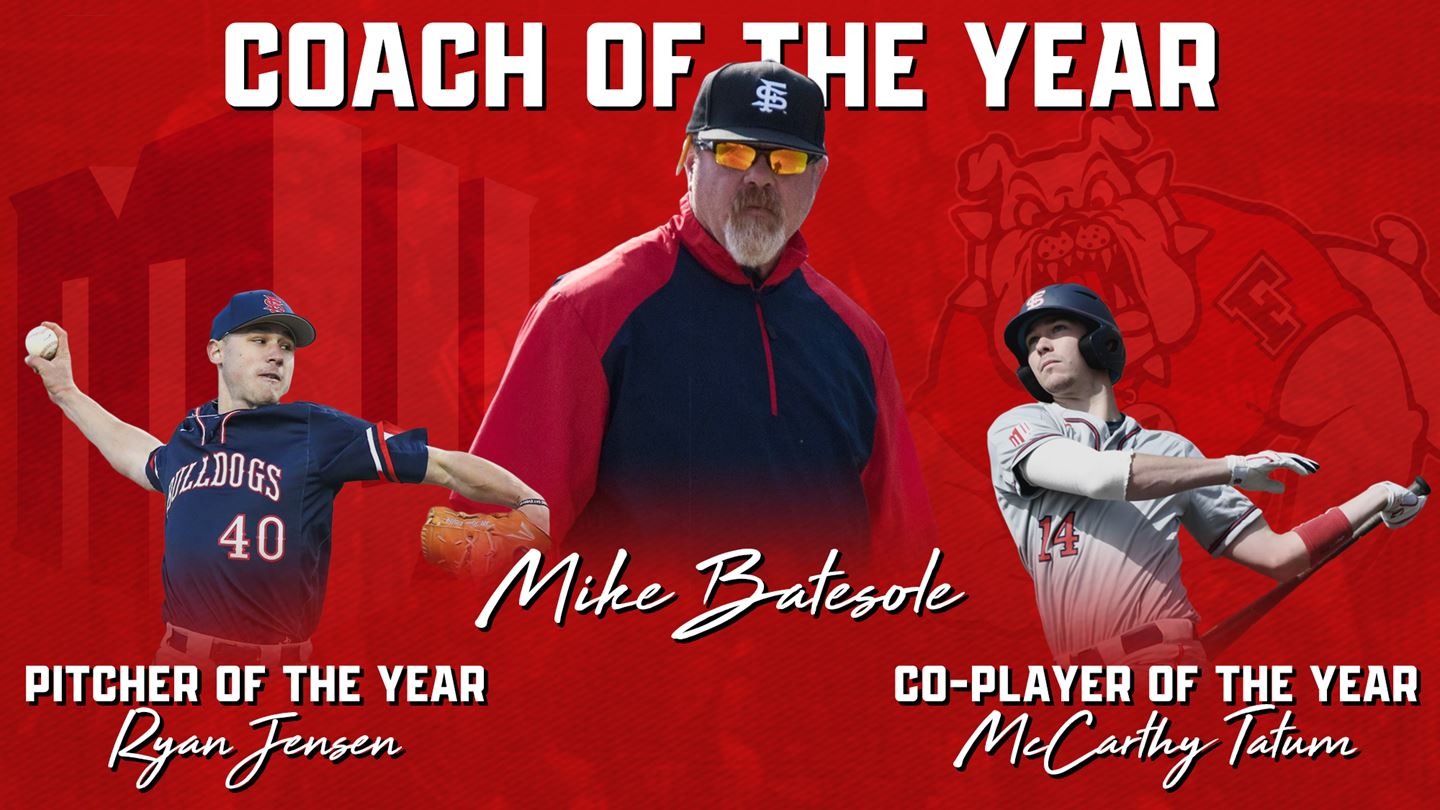 Graphic of Fresno State's conference award winners: pitcher Ryan Jensen, coach Mike Batesole, infielder McCarthy Tatum