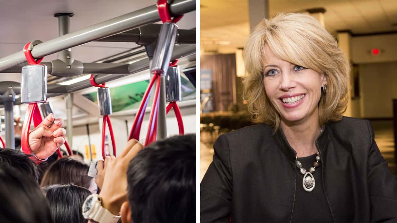 Side-by-side images of a bus interior and former Fresno Mayor Ashley Swearengin