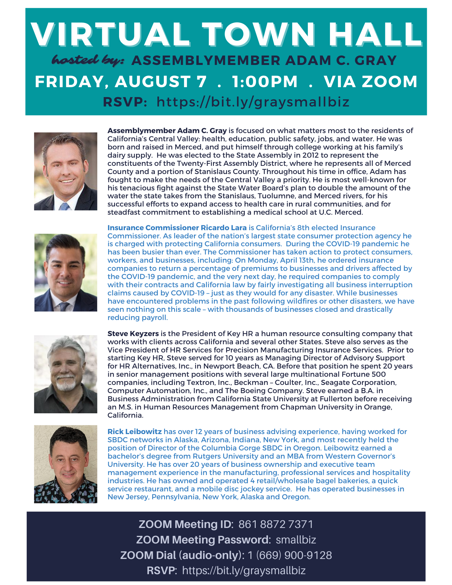 Graphic of panelists for virtual town hall on small business assistance