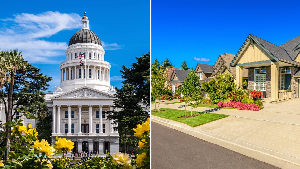 Photo combination of the California Capitol and a neighborhood