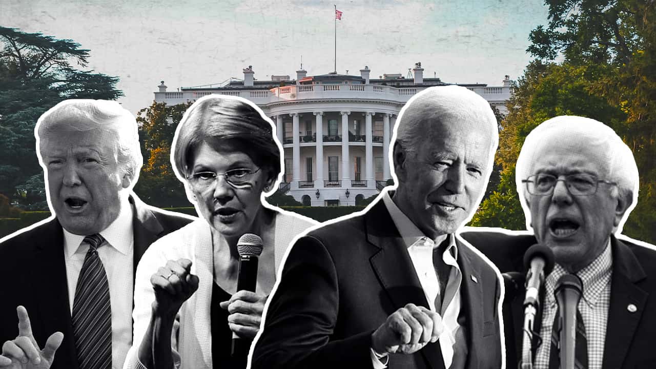 Photo collage of President Donald Trump, Elizabeth Warren, Joe Biden, and Bernie Sanders