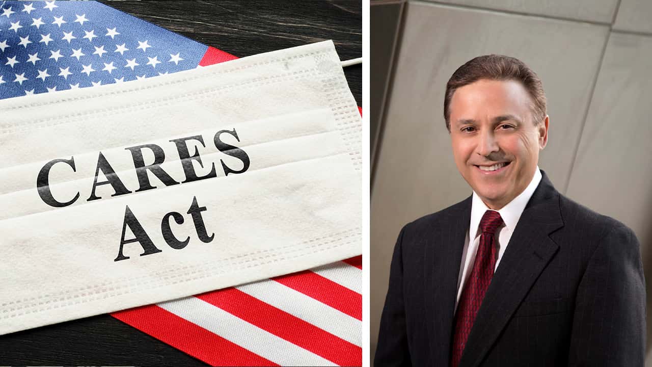 Side by side images of Cares Act headline against an America Flag and Fresno City Councilman Garry Bredefeld