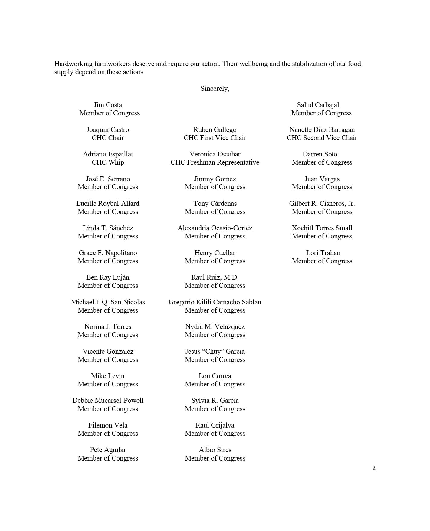 Second page of letter from Congressional Hispanic Caucus