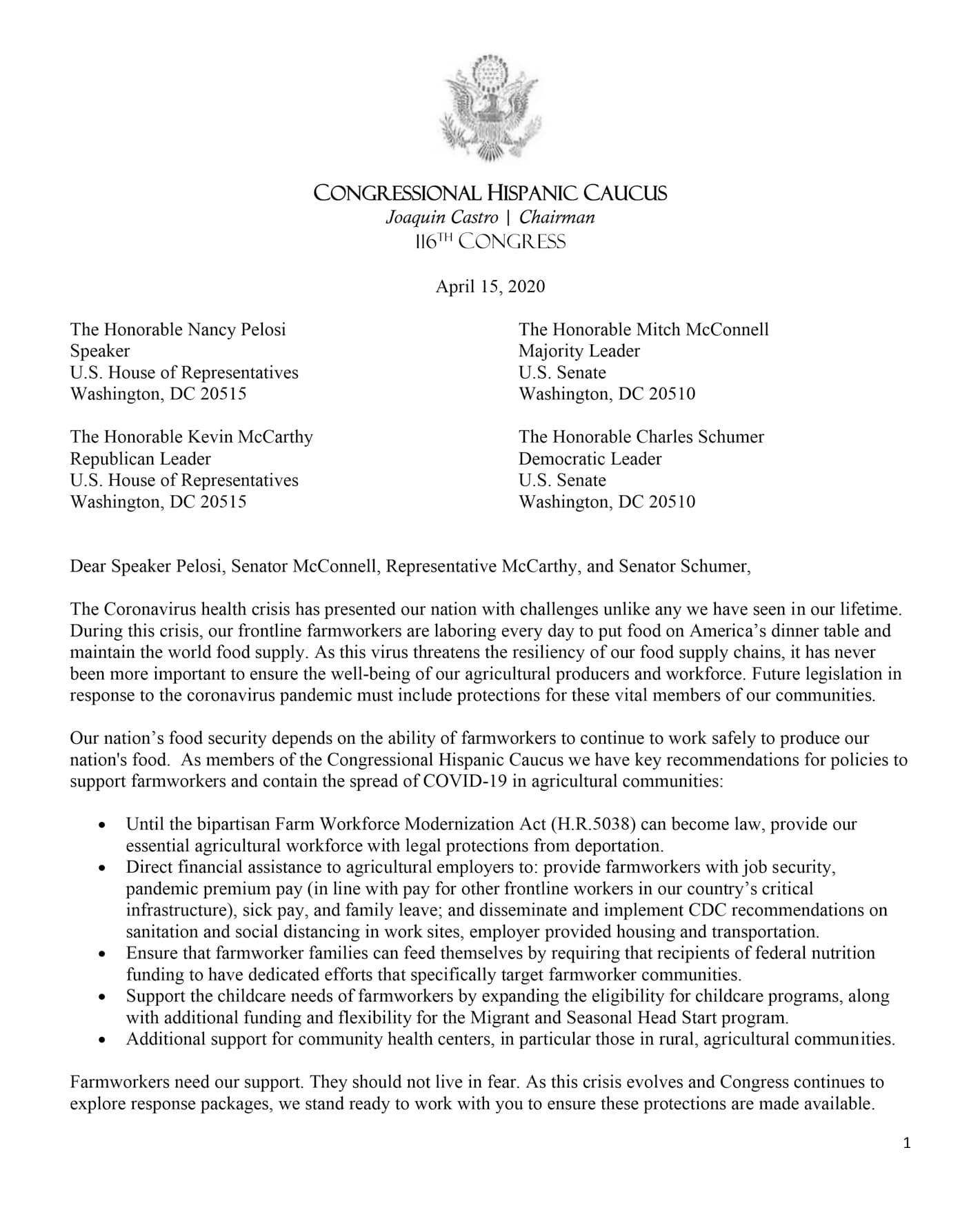 Letter from the Congressional Hispanic Caucus urging COVID-19 protections for farmworkers 