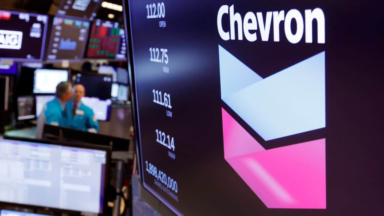 Photo of the logo for Chevron on the floor of the New York Stock Exchange