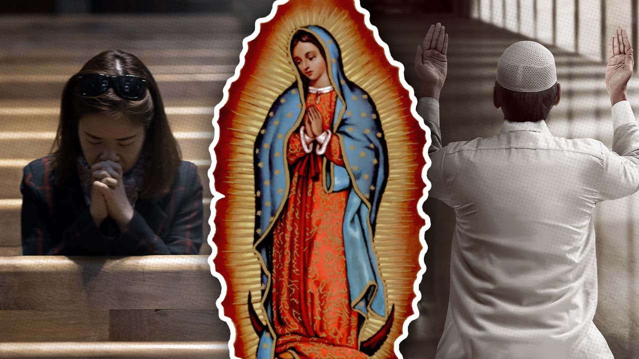 Photo combination of a Christian and Muslim praying and the Virgin Mary in the center