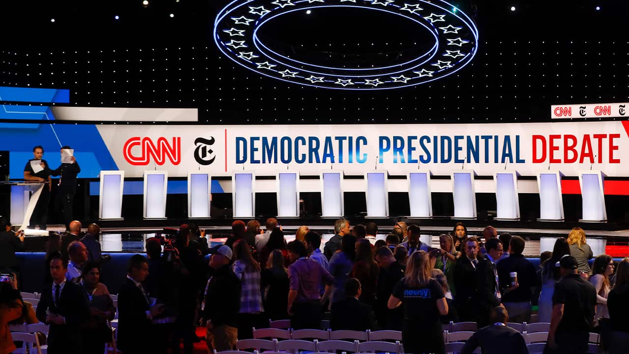Photo of the stage being prepared for the Democratic presidential primary debate