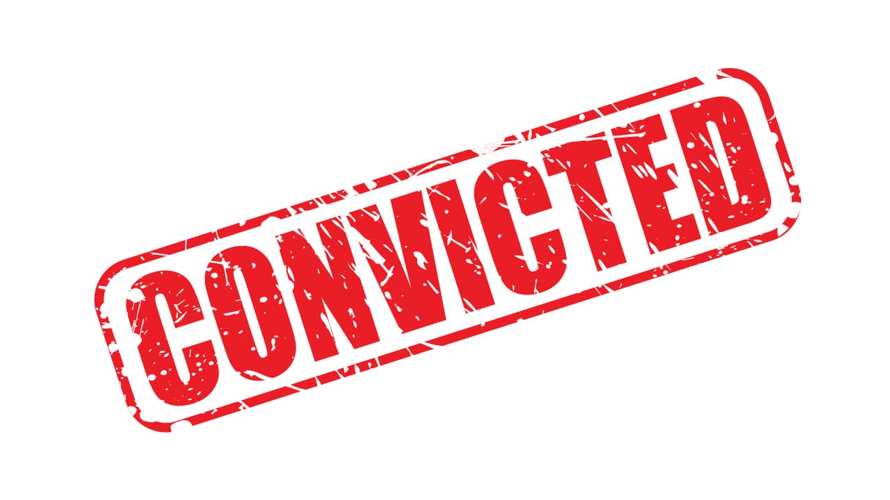 The word "convicted" in red against a white background