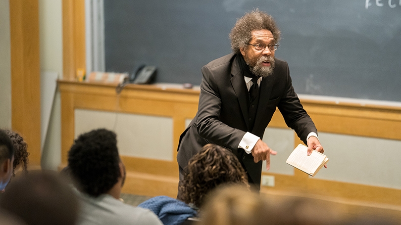 Photo of Cornel West lecturing in a classroom at Dartmouth University