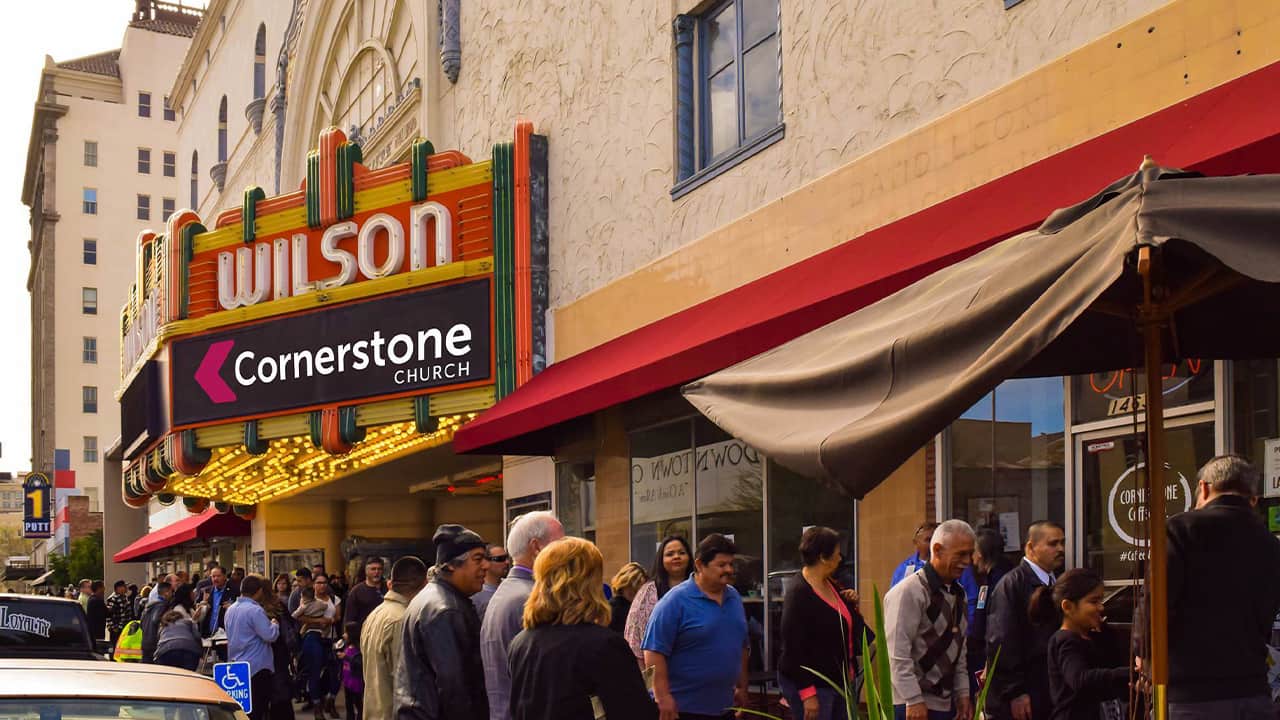 Image of people lining up outside Cornerstone Church in Fresno, California