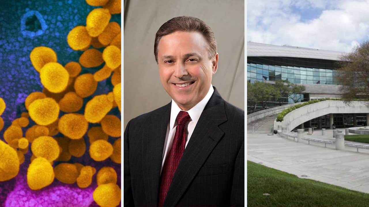 Composite image of coronavirus, Garry Bredefeld, and Fresno City Hall